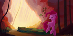 Size: 3000x1500 | Tagged: safe, artist:emeraldgalaxy, pinkie pie, earth pony, pony, g4, digital art, eyes closed, female, mare, scenery, smiling, solo, tree, trotting