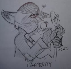 Size: 1280x1229 | Tagged: safe, artist:somechickwhodraws, capper dapperpaws, rarity, g4, blushing, capperity, cute, ear fluff, female, forehead kiss, kissing, male, monochrome, shipping, sketch, straight, traditional art