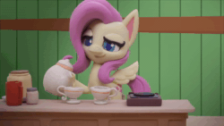 Size: 1920x1080 | Tagged: safe, screencap, fluttershy, pegasus, pony, g4.5, my little pony: stop motion short, valentine's day card (short), animated, cup, female, fluttershy is not amused, food, implied pinkie pie, sad, solo, sound, spilled drink, stop motion, surprised, tea, teacup, teapot, unamused, webm