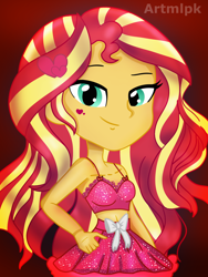 Size: 1536x2048 | Tagged: safe, artist:artmlpk, sunset shimmer, equestria girls, g4, adorable face, adorkable, bare shoulders, belly button, bow, chest, clothes, cute, dork, dress, female, holiday, looking at you, midriff, miniskirt, outfit, shimmerbetes, skirt, smiling, smiling at you, smirk, solo, valentine, valentine's day