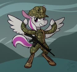 Size: 1024x953 | Tagged: safe, artist:enma-darei, oc, oc only, pegasus, pony, assault rifle, boots, camouflage, grin, gun, hat, m16a4, marine, marpat woodland, military uniform, rifle, shoes, smiling, solo, weapon