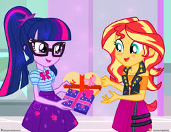 Size: 2000x1545 | Tagged: safe, artist:dieart77, sci-twi, sunset shimmer, twilight sparkle, equestria girls, g4, blushing, box of chocolates, clothes, commission, duo, female, geode of telekinesis, glasses, holiday, jacket, leather jacket, lesbian, magical geodes, open mouth, ponytail, ship:sci-twishimmer, ship:sunsetsparkle, shipping, skirt, valentine's day
