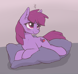 Size: 1900x1800 | Tagged: safe, artist:whiskeypanda, berry punch, berryshine, earth pony, pony, g4, berrybetes, blushing, cute, drunk, ear fluff, female, mare, pillow, prone, smiling, solo