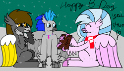 Size: 5830x3330 | Tagged: safe, artist:profyurko, silverstream, oc, oc:messier, oc:yutaka deo, hippogriff, g4, banana wings, clothes, cute, diastreamies, hippogriff oc, scarf, simple background