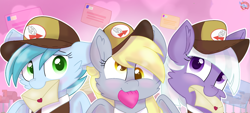Size: 2189x988 | Tagged: safe, artist:rainbow eevee, appointed rounds, derpy hooves, rainy day, pegasus, pony, g4, adorable face, blushing, cap, clothes, cute, derpabetes, envelope, eyelashes, female, green eyes, hat, heart, holiday, lidded eyes, looking at you, mail, mailbox, mailmare, mailpony, mouth hold, pink background, purple eyes, simple background, smiling, smiling at you, valentine's day, yellow eyes