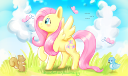 Size: 2000x1200 | Tagged: safe, artist:doodledanky, fluttershy, bird, butterfly, pegasus, pony, squirrel, g4, blushing, cloud, cute, female, looking at something, mare, outdoors, profile, raised hoof, shyabetes, sky, smiling, solo, spread wings, standing, wings