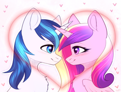Size: 1924x1465 | Tagged: safe, artist:avrameow, princess cadance, shining armor, alicorn, pony, unicorn, g4, blushing, chest fluff, cute, ear fluff, eye contact, female, heart, holiday, looking at each other, male, mare, profile, ship:shiningcadance, shipping, stallion, straight, valentine's day