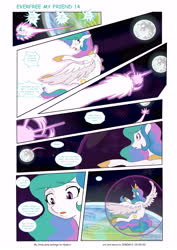 Size: 6197x8760 | Tagged: safe, artist:jeremy3, nightmare moon, princess celestia, alicorn, pony, comic:everfree, comic:everfree my friend, g4, absurd resolution, comic, energy blast, mare in the moon, moon, realization, space