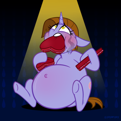 Size: 3000x3000 | Tagged: safe, artist:metalface069, oc, oc only, oc:neon sprinkles, pony, unicorn, belly, big belly, chocolate, chubby, comfort eating, crying, eating, fat, food, food baby, high res, holiday, lonely, object vore, pica, solo, stuffed, stuffing, valentine's day, weight gain