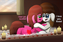Size: 4300x2880 | Tagged: safe, artist:aarondrawsarts, oc, oc:brain teaser, oc:rose bloom, pony, bath, bathing together, bathtub, bedroom eyes, boop, brainbloom, butt, buttcheeks, candle, chest fluff, cottagecore, couple, dialogue, female, floppy ears, hearts and hooves day, holiday, mare, noseboop, oc x oc, one ear down, plot, romantic, rose petals, shipping, steam, tail aside, valentine's day, wet mane, wholesome