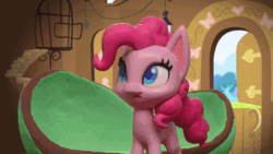 Size: 1920x1080 | Tagged: safe, screencap, pinkie pie, butterfly, earth pony, pony, g4.5, my little pony: stop motion short, valentine's day card (short), animated, box, female, fluttershy's cottage, happy, hoof rubbing, looking around, looking at something, smiling, solo, sound, sparkles, stop motion, sunburst background, webm