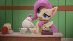 Size: 800x450 | Tagged: safe, screencap, fluttershy, pegasus, pony, g4.5, my little pony: stop motion short, valentine's day card (short), animated, blinking, cup, female, food, gif, solo, stop motion, surprised, table, tea, teapot, wings
