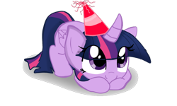 Size: 800x481 | Tagged: safe, artist:wandeh, twilight sparkle, alicorn, pony, g4, cute, eye clipping through hair, female, hat, mare, party hat, prone, simple background, solo, transparent background, twiabetes, twilight sparkle (alicorn)