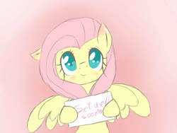Size: 1024x768 | Tagged: safe, artist:bae-mon, fluttershy, pegasus, pony, g4, blushing, bust, colored pupils, cute, female, front view, full face view, get well soon, heart, hoof hold, looking at you, mare, note, one ear down, pink background, shyabetes, simple background, smiling, solo, spread wings, wings