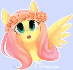 Size: 290x277 | Tagged: safe, artist:bae-mon, fluttershy, pegasus, pony, g4, blue background, bust, cute, eye clipping through hair, female, floral head wreath, flower, front view, full face view, looking up, mare, open mouth, outline, portrait, shyabetes, simple background, solo, spread wings, white outline, wings
