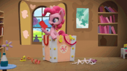 Size: 1920x1080 | Tagged: safe, screencap, pinkie pie, earth pony, pony, g4.5, my little pony: stop motion short, valentine's day card (short), animated, box, falling, falling over, female, flower, flower pot, giggling, happy, paper, shelves, smiling, solo, sound, stop motion, webm, window