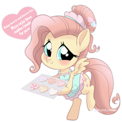 Size: 1024x1024 | Tagged: safe, artist:mimijuliane, fluttershy, pegasus, pony, g4, alternate hairstyle, apron, baking sheet, baking tray, bipedal, blushing, clothes, cookie, cute, daaaaaaaaaaaw, female, food, hair bun, hearts and hooves day, hearts and hooves day cards, holding, holiday, looking at you, mare, outline, shyabetes, simple background, smiling, solo, spread wings, three quarter view, transparent background, valentine's day, weapons-grade cute, white outline, wings