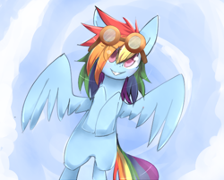 Size: 1366x1100 | Tagged: safe, artist:bae-mon, rainbow dash, pegasus, pony, g4, cloud, cute, dashabetes, eye clipping through hair, female, flying, goggles, hooves to the chest, looking at you, mare, sky, smiling, solo, spread wings, wings
