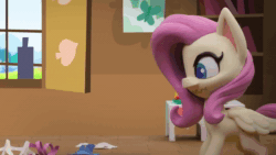 Size: 1920x1080 | Tagged: safe, screencap, fluttershy, pinkie pie, earth pony, pegasus, pony, g4.5, my little pony: stop motion short, valentine's day card (short), animated, book, box, female, fluttershy is not amused, fluttershy's cottage, gasp, knocking, messy, paper, shelves, sound, stop motion, unamused, webm, window, wings