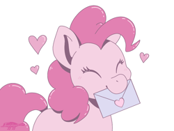Size: 1024x768 | Tagged: safe, artist:imaplatypus, pinkie pie, earth pony, pony, g4, cute, diapinkes, envelope, eyes closed, female, happy, heart, holiday, letter, mare, mouth hold, simple background, smiling, solo, three quarter view, valentine's day, white background