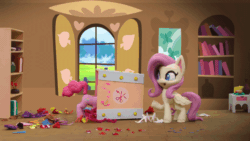 Size: 800x450 | Tagged: safe, screencap, fluttershy, pinkie pie, earth pony, pegasus, pony, g4.5, my little pony: stop motion short, valentine's day card (short), animated, box, female, fluttershy's cottage, gif, implied flutterpie, messy, paper, shelves, smiling