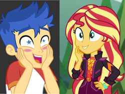 Size: 974x734 | Tagged: safe, edit, edited screencap, screencap, flash sentry, sunset shimmer, equestria girls, equestria girls series, g4, spring breakdown, sunset's backstage pass!, spoiler:eqg series (season 2), comparison, female, geode of empathy, magical geodes, male, ship:flashimmer, shipping, shipping domino, starry eyes, straight, wingding eyes