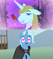 Size: 1280x1436 | Tagged: safe, edit, edited screencap, screencap, prince blueblood, trixie, pony, g4, magic duel, the best night ever, alicorn amulet, female, heart eyes, male, ship:bluetrix, shipping, shipping domino, straight, wingding eyes