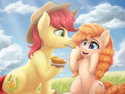 Size: 1024x768 | Tagged: safe, artist:novaintellus, bright mac, pear butter, earth pony, pony, g4, apple, apple pie, brightabetes, cute, female, food, male, mare, mouth hold, pearabetes, picnic, pie, scenery, ship:brightbutter, shipping, sitting, smiling, stallion, straight