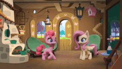 Size: 1920x1080 | Tagged: safe, screencap, fluttershy, pinkie pie, butterfly, earth pony, pegasus, pony, g4.5, my little pony: stop motion short, valentine's day card (short), animated, box, female, fluttershy's cottage, happy, hoof rubbing, looking around, looking at something, smiling, solo, sound, sparkles, stop motion, sunburst background, webm, youtube link