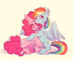 Size: 1432x1174 | Tagged: safe, artist:imalou, pinkie pie, rainbow dash, earth pony, pegasus, pony, g4, female, heart eyes, hug, lesbian, looking at you, mare, ship:pinkiedash, shipping, simple background, smiling, wingding eyes