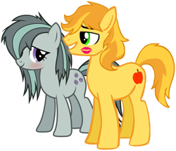 Size: 2092x1801 | Tagged: safe, braeburn, marble pie, earth pony, pony, g4, aftersex, blushing, braebetes, braeble, cheek kiss, cute, cutie mark, female, hearts and hooves day, holiday, implied sex, kiss mark, kissing, looking at each other, male, marblebetes, mare, messy mane, shipping, smiling, stallion, straight, valentine's day
