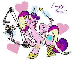 Size: 810x657 | Tagged: safe, artist:jargon scott, princess cadance, alicorn, pony, g4, alternate hairstyle, arrow, clothes, compound bow, cupid, cupidance, eyes closed, female, heart arrow, holiday, lipstick, mare, open mouth, princess of love, solo, this will end in death, this will end in tears, this will end in tears and/or death, toga, valentine's day