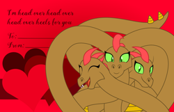Size: 3156x2028 | Tagged: safe, artist:badumsquish, derpibooru exclusive, oc, oc only, oc:matchˏ panˏ and serpentine, hydra, pony, fangs, grin, heart, high res, holiday, long neck, looking at you, multiple heads, open mouth, prehensile neck, smiling, solo, tail wag, valentine, valentine's day, valentine's day card