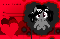 Size: 3156x2028 | Tagged: safe, artist:badumsquish, derpibooru exclusive, oc, oc only, oc:ink ring, ghost, ghost pony, onryō, original species, pony, undead, dripping, ectoplasm, female, grin, heart, high res, holiday, long mane, looking at you, red eyes, smiling, solo, valentine, valentine's day, valentine's day card, wall, wet mane