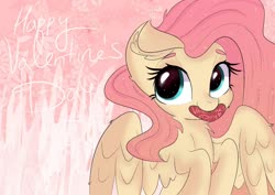 Size: 1446x1023 | Tagged: safe, artist:janelearts, fluttershy, pegasus, pony, g4, cheek fluff, cute, ear fluff, female, heart, holiday, looking at you, mare, mouth hold, neck fluff, shyabetes, smiling, solo, spread wings, three quarter view, valentine's day, valentine's day card, wings