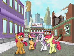 Size: 1280x973 | Tagged: safe, artist:keenkris, apple bloom, babs seed, scootaloo, sweetie belle, earth pony, pegasus, pony, unicorn, g4, city, crystaller building, cutie mark crusaders, female, filly, glasses, manehattan, ruins, salon, scissors