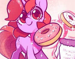 Size: 1668x1319 | Tagged: safe, artist:dawnfire, oc, oc only, oc:dawnfire, pony, unicorn, abstract background, cute, donut, female, food, looking at you, magic, mare, ocbetes, paper bag, smiling, solo, telekinesis