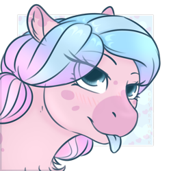Size: 1280x1280 | Tagged: safe, artist:acry-artwork, oc, oc only, oc:bubblegum swirl, earth pony, pony, blue tongue, blushing, solo, tongue out