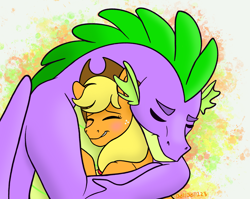 Size: 3197x2541 | Tagged: safe, artist:bella-pink-savage, applejack, spike, dragon, earth pony, pony, g4, blushing, cute, eyes closed, female, high res, hug, jackabetes, male, mare, older, older spike, ship:applespike, shipping, smiling, spikabetes, straight, winged spike, wings