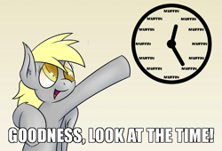Size: 700x475 | Tagged: safe, artist:jorobro, derpy hooves, pegasus, pony, g4, caption, colored pupils, cute, derpabetes, female, image macro, it's muffin time, look at the time, mare, meme, pointing, solo, text