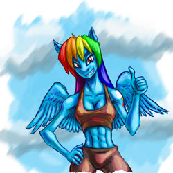 Size: 1024x1024 | Tagged: safe, artist:thebigbadwolf01, rainbow dash, pegasus, anthro, g4, abs, alternative cutie mark placement, clothes, cloud, female, grin, smiling, solo, thumbs up