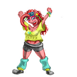 Size: 1024x1024 | Tagged: safe, artist:thebigbadwolf01, pinkie pie, earth pony, anthro, plantigrade anthro, g4, alternate hairstyle, armpits, bracelet, clothes, female, jewelry, leg warmers, shorts, simple background, smiling, solo, sunglasses, white background