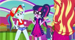 Size: 1282x699 | Tagged: safe, edit, edited screencap, screencap, blueberry cake, rainbow dash, scott green, sunset shimmer, twilight sparkle, equestria girls, g4, my little pony equestria girls: better together, clothes, clothes edit, cosplay, costume, terry bogard