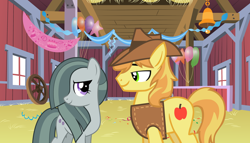 Size: 2064x1183 | Tagged: safe, braeburn, marble pie, earth pony, pony, g4, barn, braeble, brokeback mountain, dancing, female, hearts and hooves day, holiday, looking at each other, lyrics in the description, male, movie reference, party, shipping, smiling, song reference, straight, valentine's day, youtube link, youtube link in the description