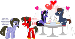 Size: 4187x2183 | Tagged: safe, artist:shadymeadow, oc, oc:dancing fan, oc:fried egg, pegasus, pony, unicorn, apron, cake, clothes, female, food, heart, male, mare, milkshake, ponified, simple background, stallion, tony rydinger, transparent background, violet parr