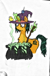 Size: 2450x3746 | Tagged: safe, artist:friendcelestia, oc, oc only, oc:hazel, oc:witch hazel, pony, unicorn, brew, candy, cauldron, colored, food, gingerbread witch, high res, peep, sketch, solo, traditional art, witch