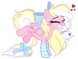Size: 4223x3195 | Tagged: safe, artist:emberslament, oc, oc only, oc:bay breeze, pegasus, pony, blushing, bow, clothes, cute, eyebrows, eyebrows visible through hair, eyes closed, female, floating heart, folded wings, hair bow, happy, heart, holiday, hooves, mare, mouth hold, ocbetes, pegasus oc, show accurate, sign, simple background, smiling, socks, solo, striped socks, tail, tail bow, transparent background, two toned mane, two toned tail, valentine, valentine's day, wings