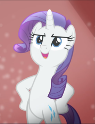 Size: 719x940 | Tagged: safe, screencap, rarity, pony, unicorn, fake it 'til you make it, g4, bipedal, confident, cropped, female, hooves on hips, mare, open mouth, pose, smiling, smirk, solo
