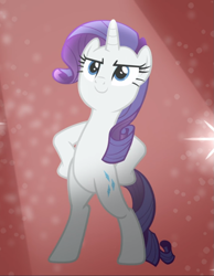 Size: 729x938 | Tagged: safe, screencap, rarity, pony, unicorn, fake it 'til you make it, g4, bipedal, confident, cropped, female, hooves on hips, mare, pose, smiling, smirk, solo