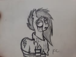 Size: 4032x3024 | Tagged: safe, artist:friendcelestia, oc, oc only, oc:dark shadow, earth pony, pony, tails of equestria, black and white, clothes, ear piercing, eyeliner, femboy, grayscale, makeup, male, monochrome, piercing, running makeup, scarf, sketch, socks, solo, stallion, traditional art